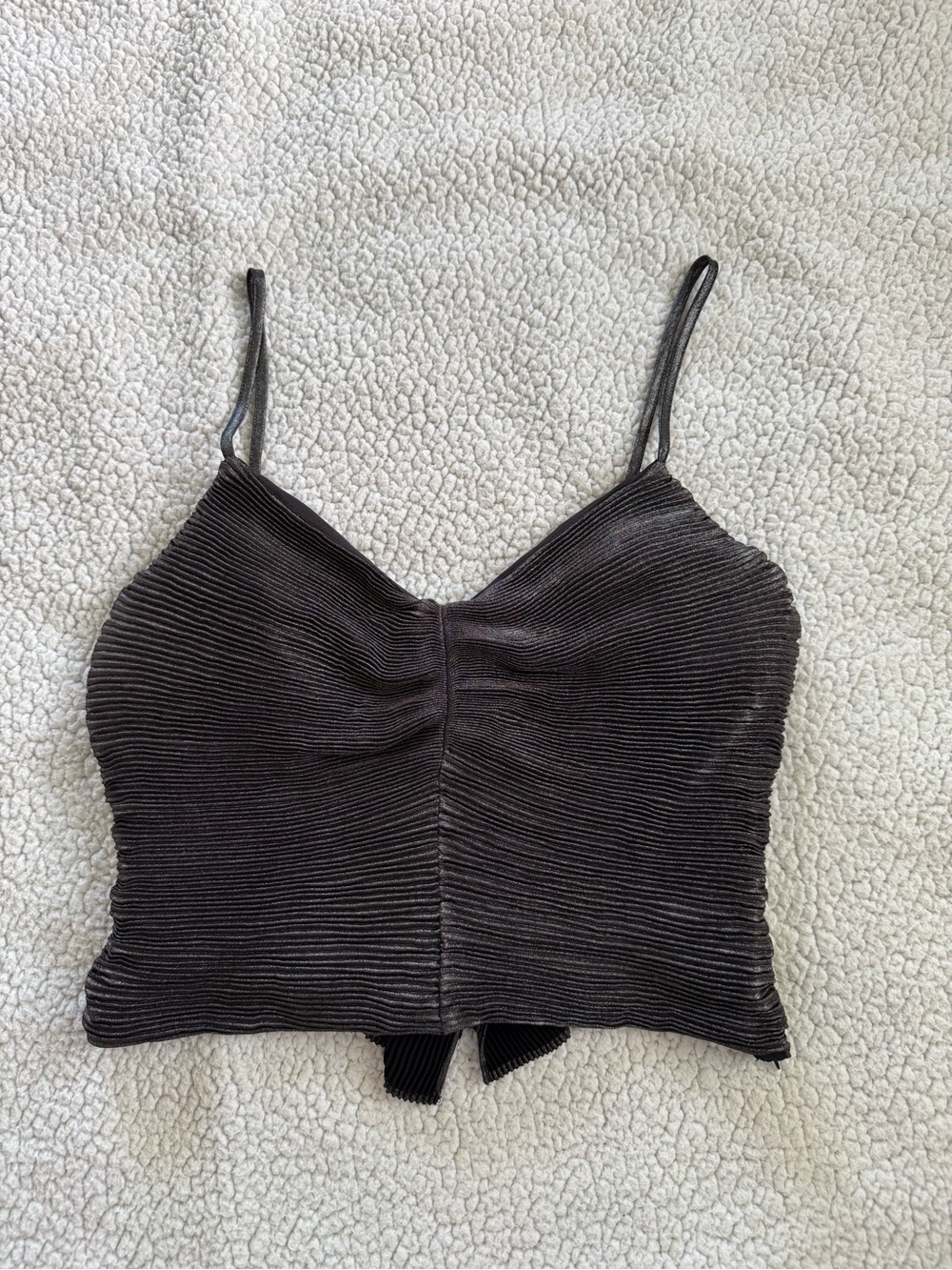 Women's Black Shiny Ribbed Spaghetti Strap Crop Top With Bow Detail